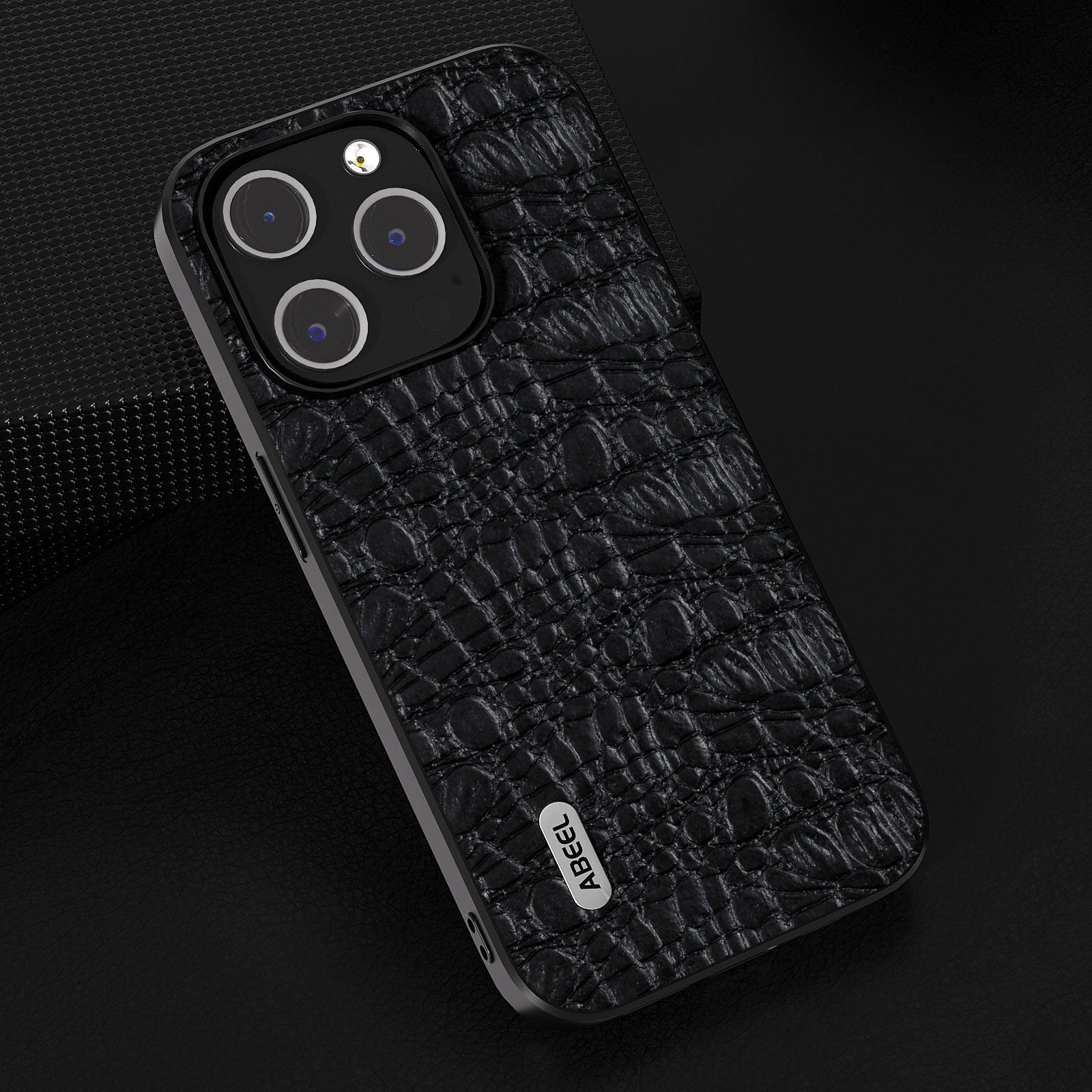 Uniqkart For iPhone 15 Pro Impact-Resistant Phone Case Genuine Cow Leather+PC+TPU Textured Cover - Black