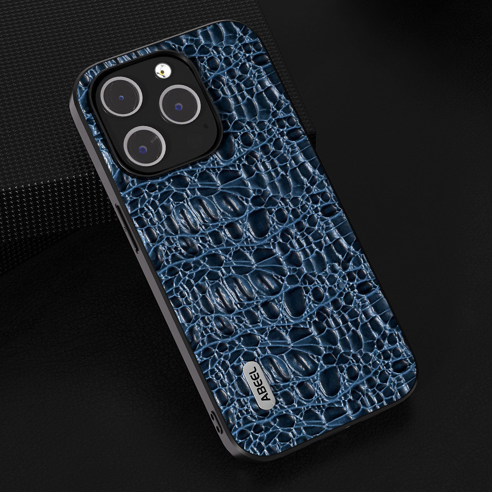 Uniqkart For iPhone 15 Pro Impact-Resistant Phone Case Genuine Cow Leather+PC+TPU Textured Cover - Blue