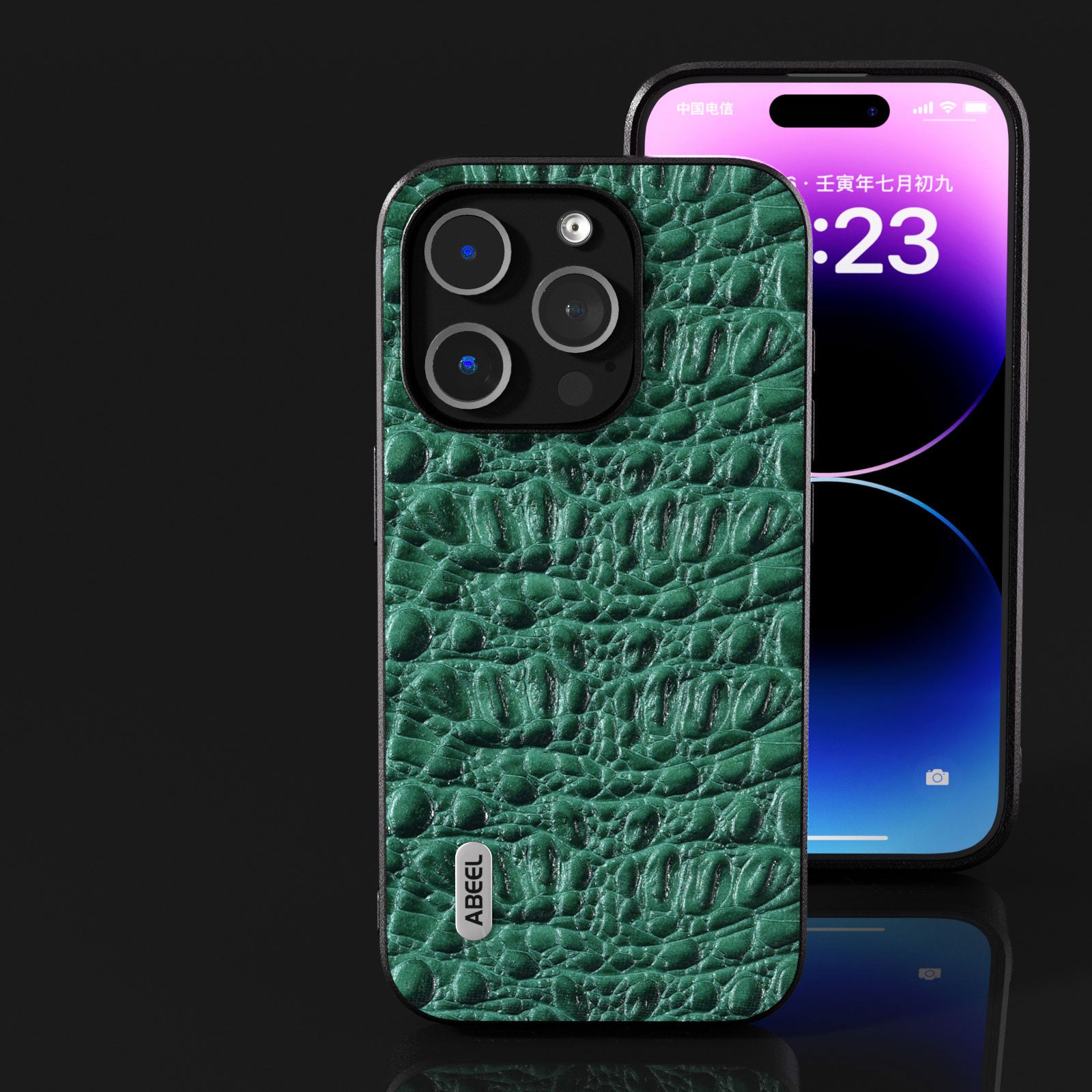 Uniqkart For iPhone 15 Pro Max Back Phone Case Genuine Cow Leather+PC+TPU Slim Cover - Green