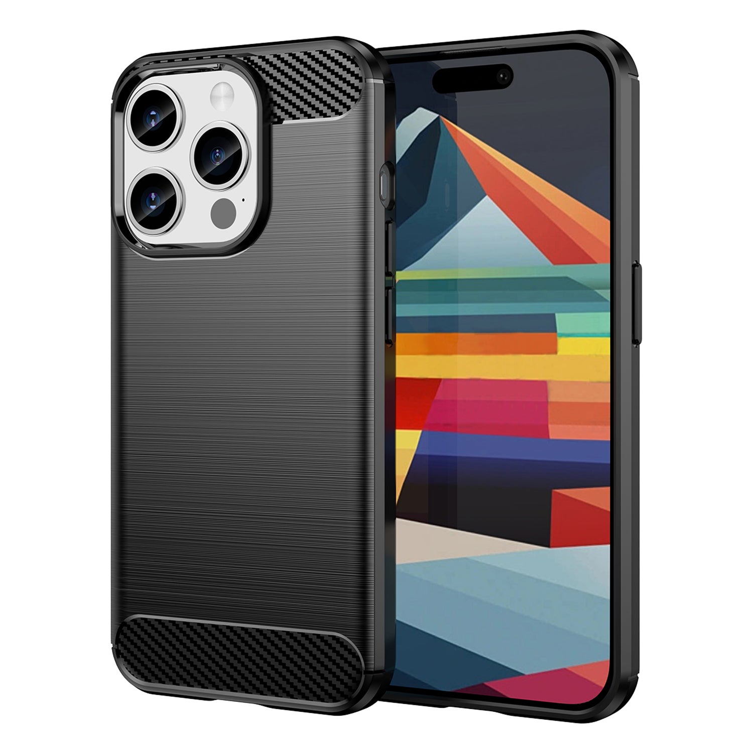 Brushed Phone Case for iPhone 15 Pro , Carbon Fiber Texture Soft TPU Phone Cover - Black