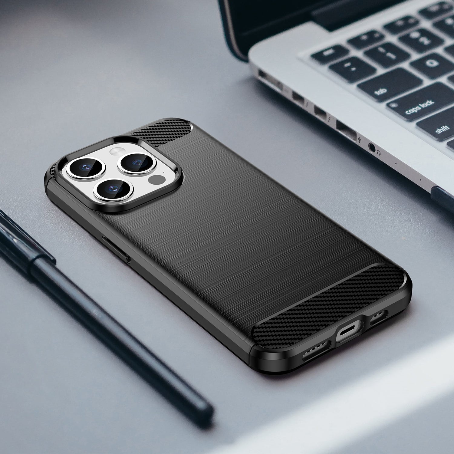 Brushed Phone Case for iPhone 15 Pro , Carbon Fiber Texture Soft TPU Phone Cover - Black