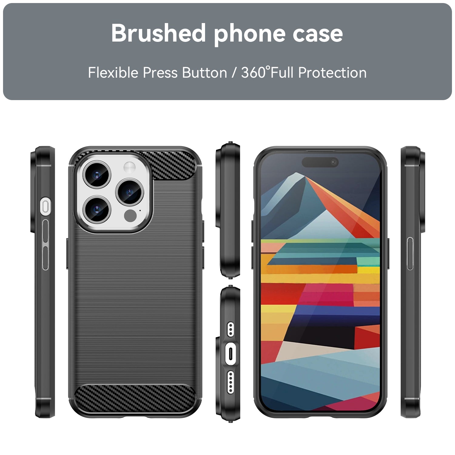 Brushed Phone Case for iPhone 15 Pro , Carbon Fiber Texture Soft TPU Phone Cover - Black