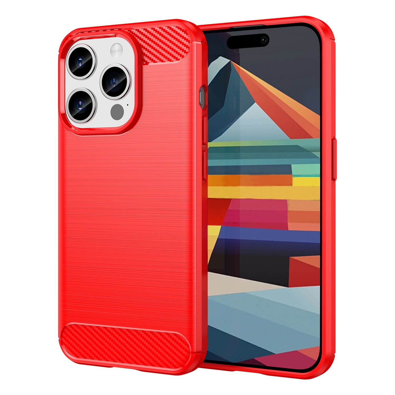 Brushed Phone Case for iPhone 15 Pro , Carbon Fiber Texture Soft TPU Phone Cover - Red