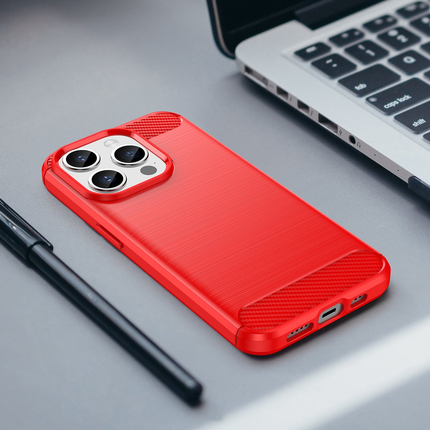 Brushed Phone Case for iPhone 15 Pro , Carbon Fiber Texture Soft TPU Phone Cover - Red