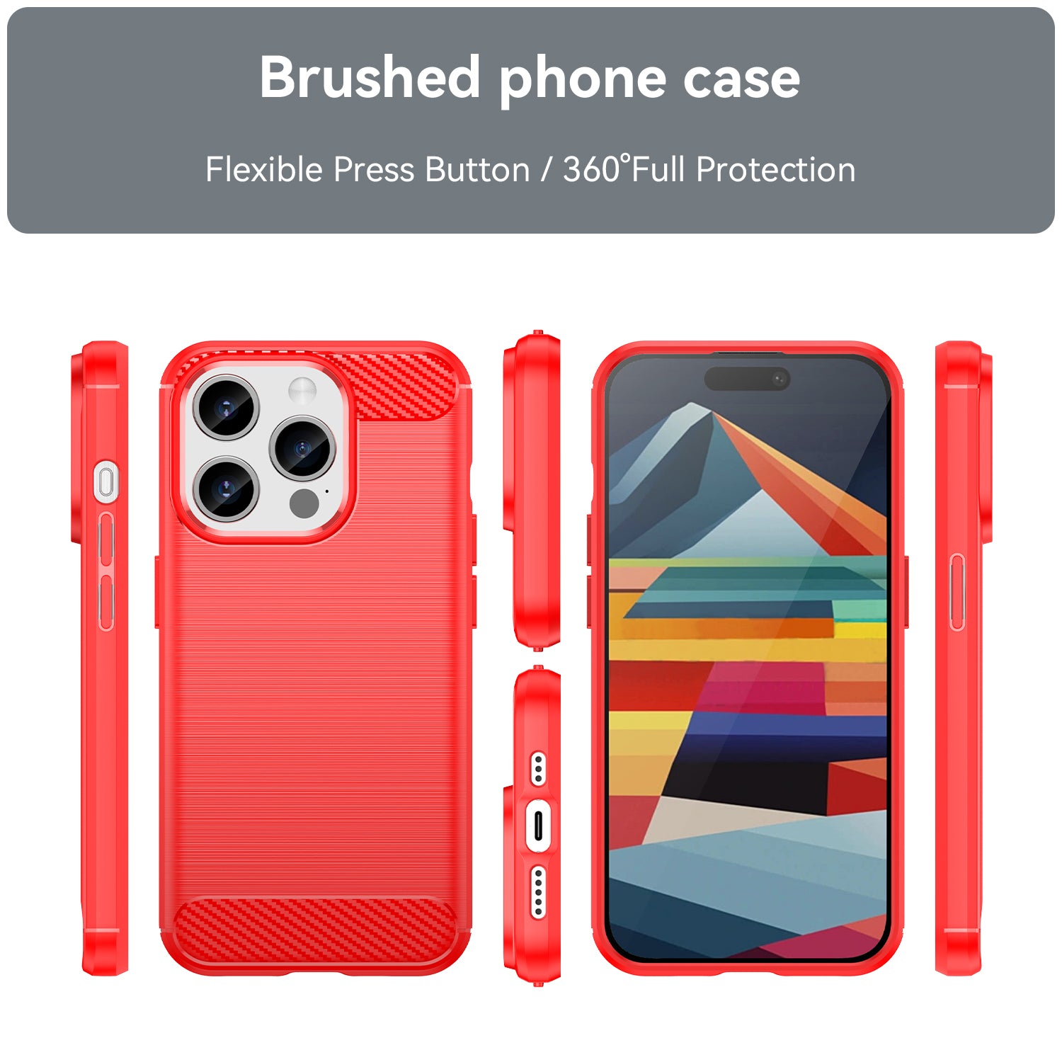 Brushed Phone Case for iPhone 15 Pro , Carbon Fiber Texture Soft TPU Phone Cover - Red
