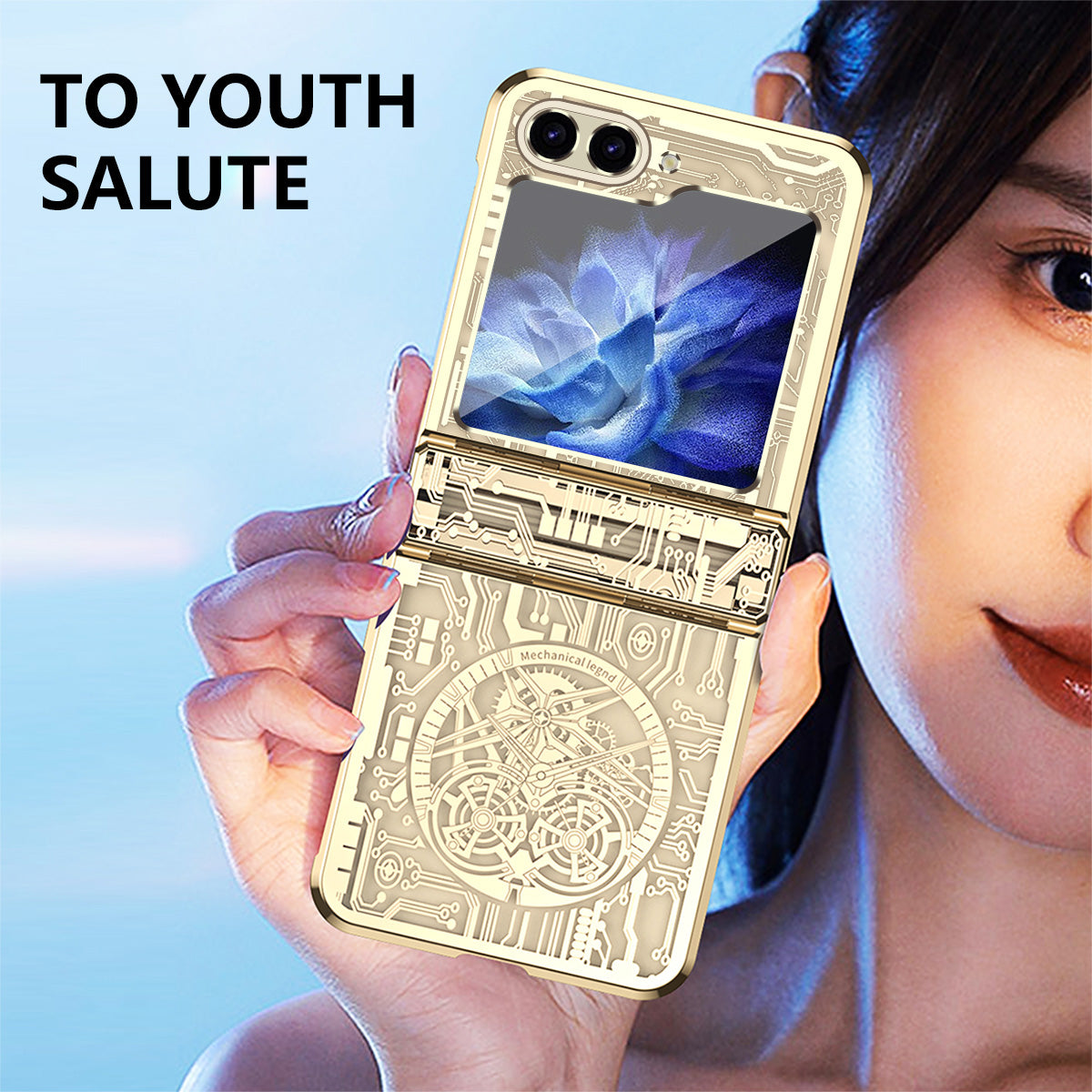 Mechanical Legend Series Hard PC Case for Samsung Galaxy Z Flip5 5G Protective Phone Case Electroplating Cover - Champagne Gold