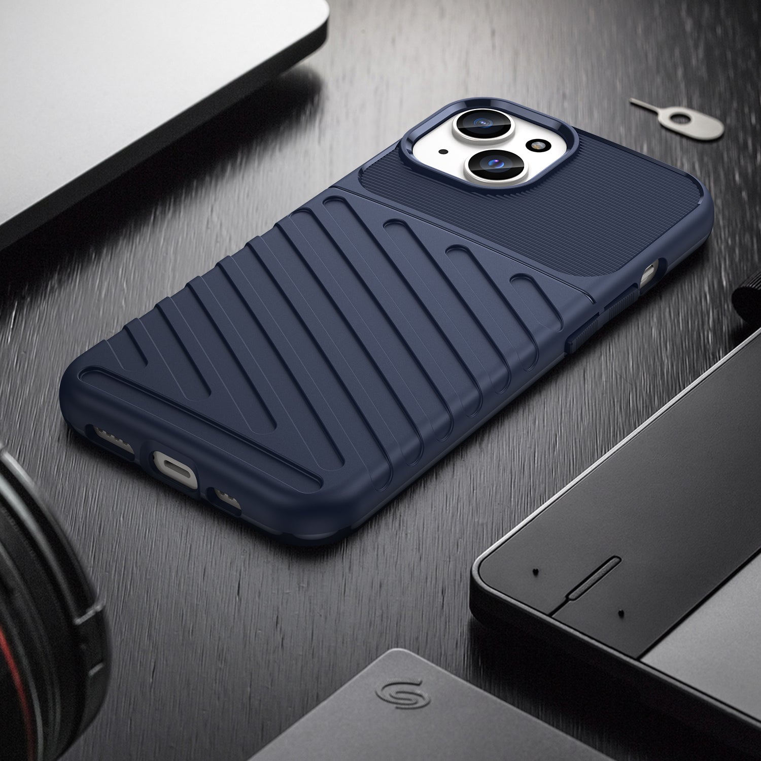 Thunder Series TPU Phone Case for iPhone 15 , Thicken Twill Texture Anti-drop Cover - Blue