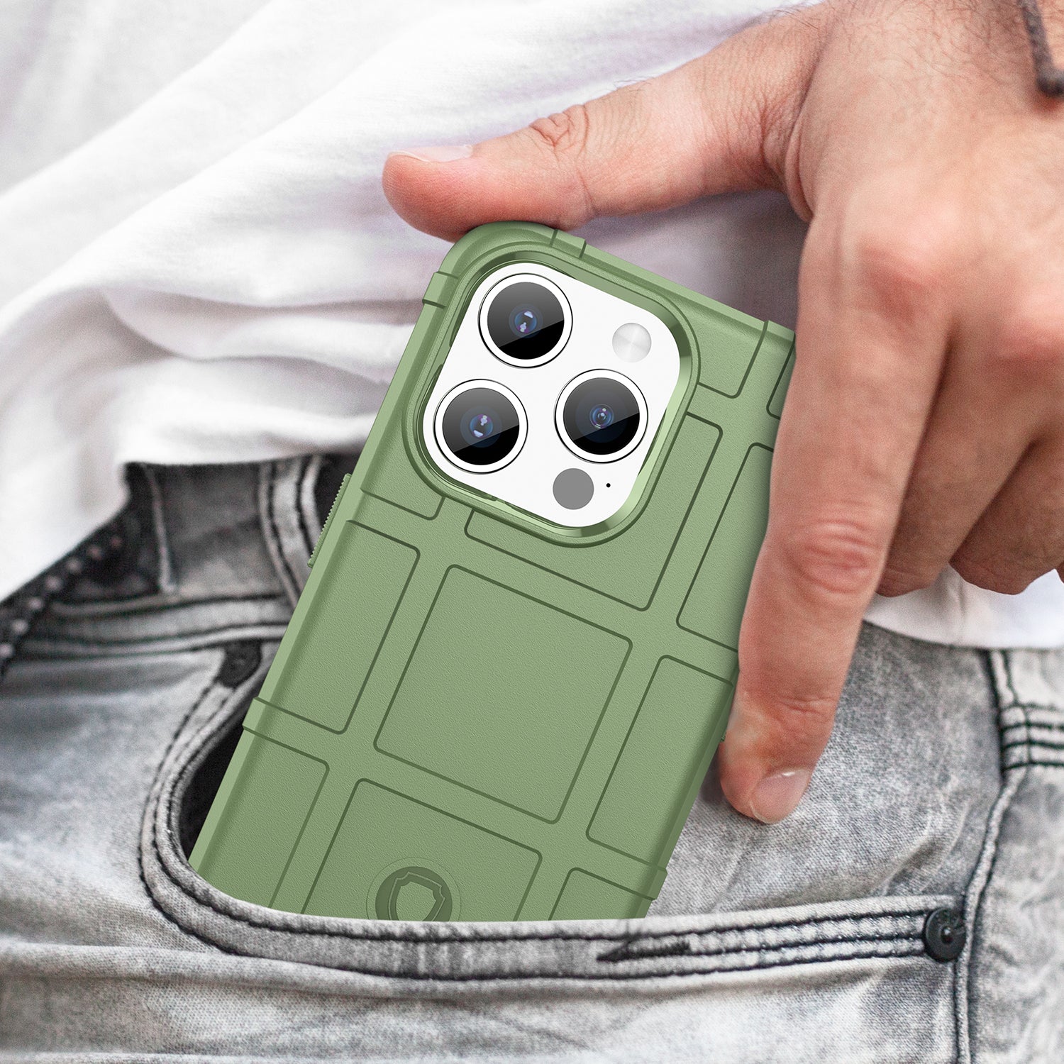 Uniqkart for iPhone 15 Pro Square Grid Texture TPU Phone Case Shockproof Back Cover - Green