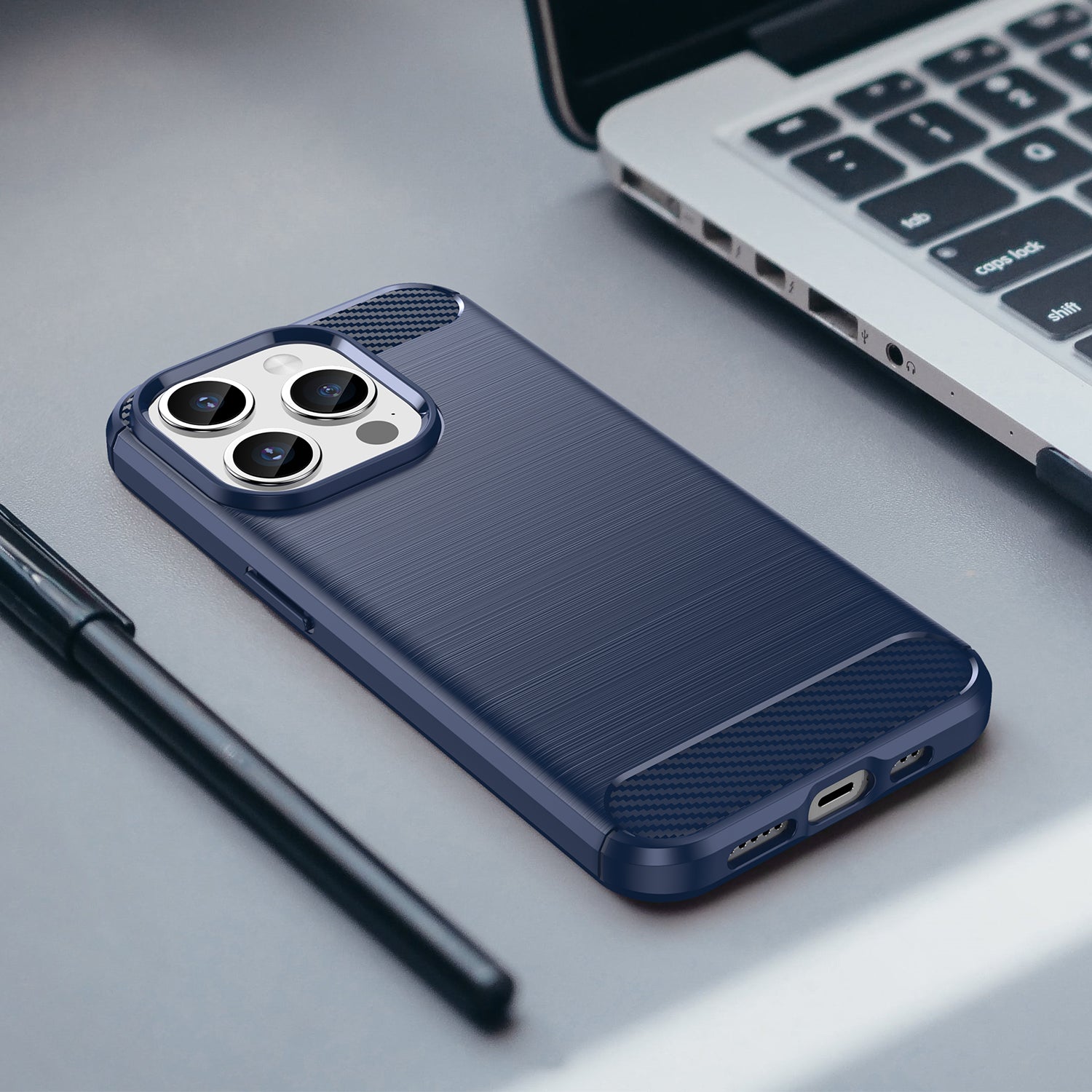 Carbon Fiber Texture Phone Case for iPhone 15 Pro Max , Brushed Anti-scratch TPU Cover - Blue