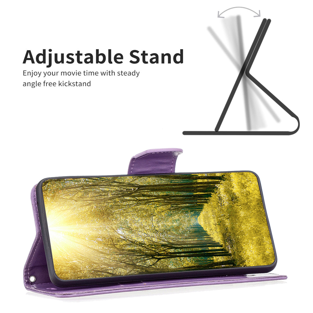 for iPhone 15 Plus Anti-Dust Stand Wallet Phone Flip Case Butterfly Imprinted Leather Cover with Strap - Purple