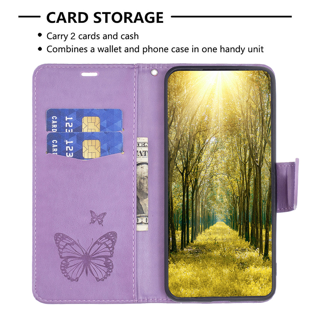 for iPhone 15 Plus Anti-Dust Stand Wallet Phone Flip Case Butterfly Imprinted Leather Cover with Strap - Purple