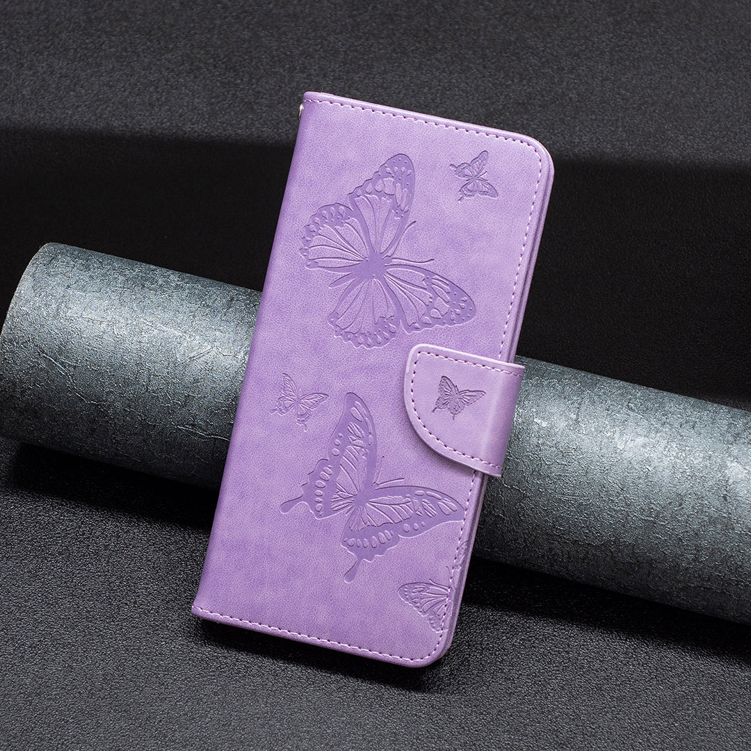 for iPhone 15 Plus Anti-Dust Stand Wallet Phone Flip Case Butterfly Imprinted Leather Cover with Strap - Purple