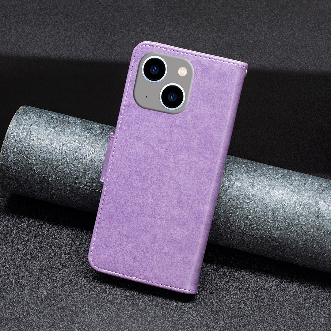 for iPhone 15 Plus Anti-Dust Stand Wallet Phone Flip Case Butterfly Imprinted Leather Cover with Strap - Purple
