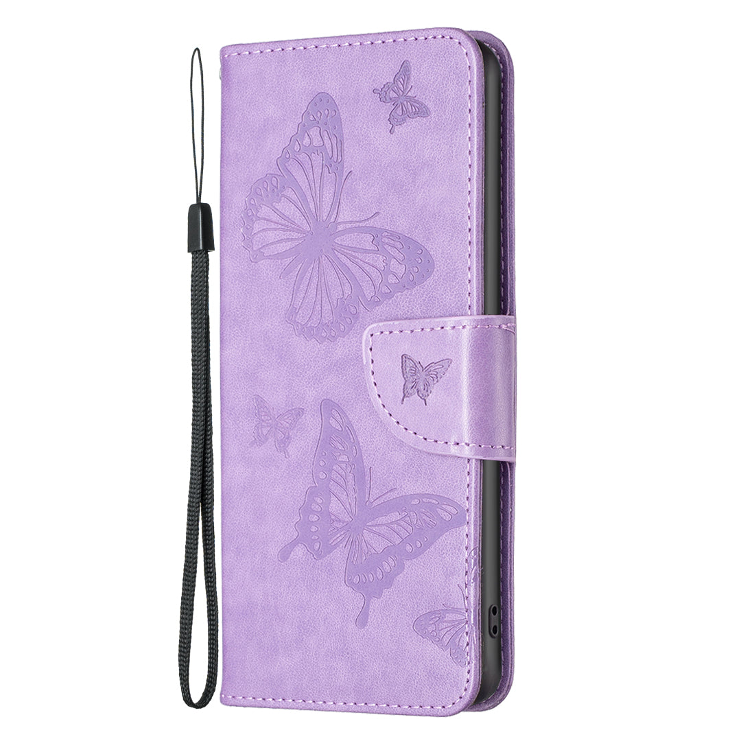 for iPhone 15 Plus Anti-Dust Stand Wallet Phone Flip Case Butterfly Imprinted Leather Cover with Strap - Purple