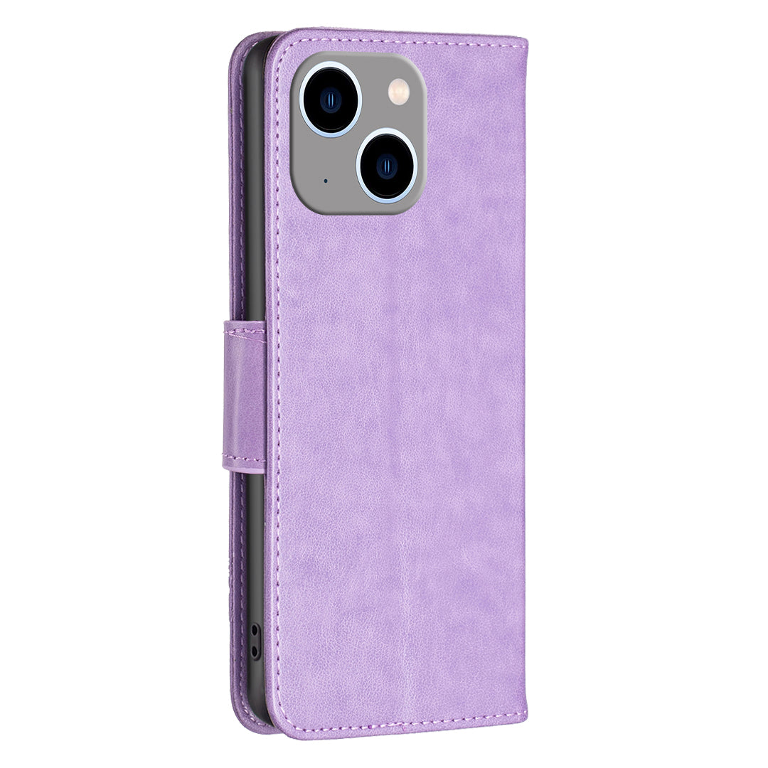 for iPhone 15 Plus Anti-Dust Stand Wallet Phone Flip Case Butterfly Imprinted Leather Cover with Strap - Purple