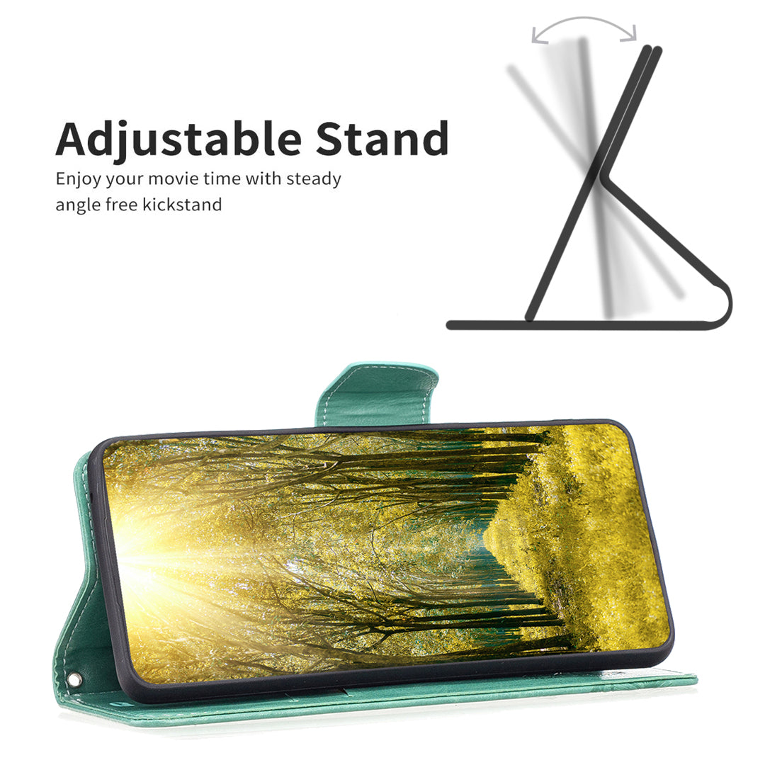 Uniqkart for iPhone 15 Pro Max Flip Case Butterfly Imprinted Leather Anti-Dust Stand Wallet Phone Cover with Strap - Green