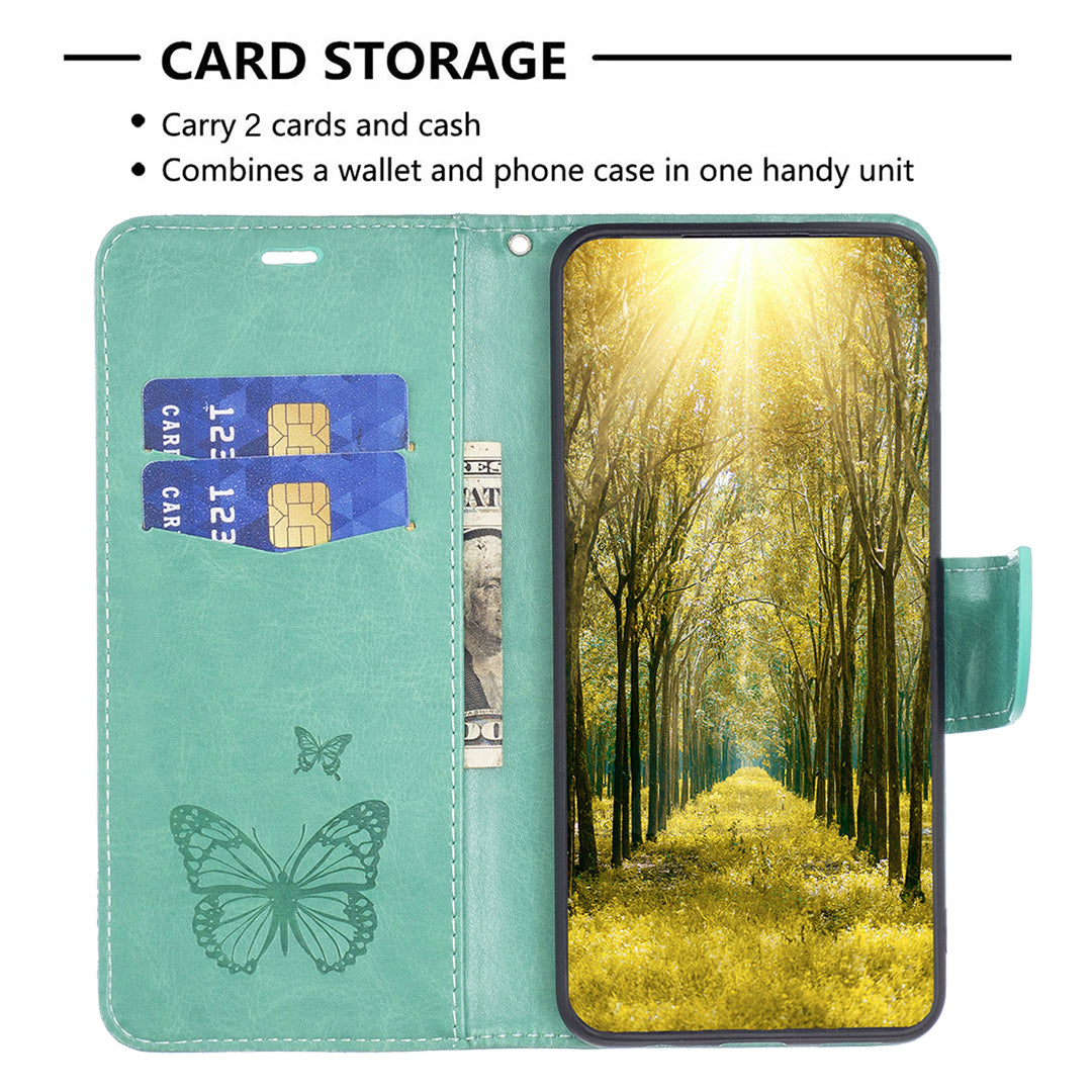 Uniqkart for iPhone 15 Pro Max Flip Case Butterfly Imprinted Leather Anti-Dust Stand Wallet Phone Cover with Strap - Green