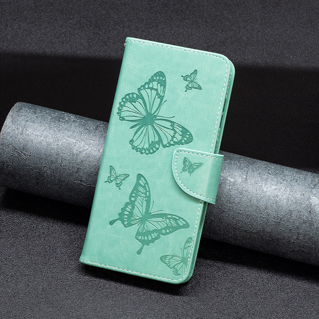 Uniqkart for iPhone 15 Pro Max Flip Case Butterfly Imprinted Leather Anti-Dust Stand Wallet Phone Cover with Strap - Green