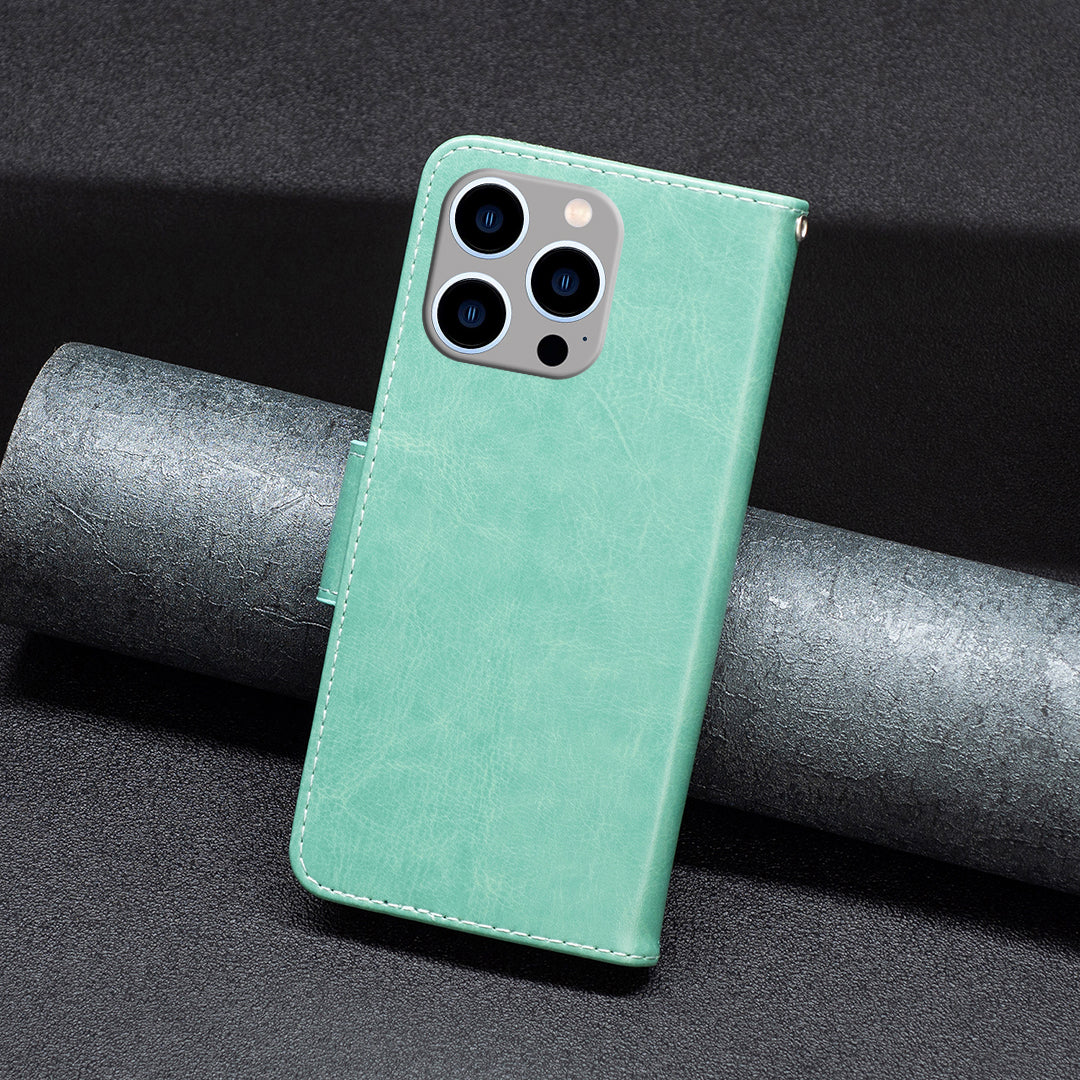 Uniqkart for iPhone 15 Pro Max Flip Case Butterfly Imprinted Leather Anti-Dust Stand Wallet Phone Cover with Strap - Green