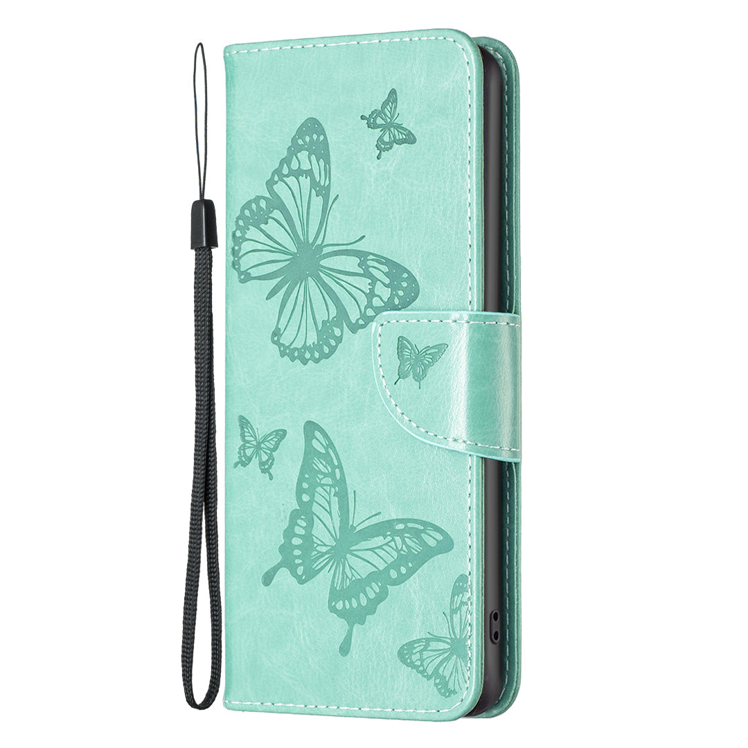 Uniqkart for iPhone 15 Pro Max Flip Case Butterfly Imprinted Leather Anti-Dust Stand Wallet Phone Cover with Strap - Green