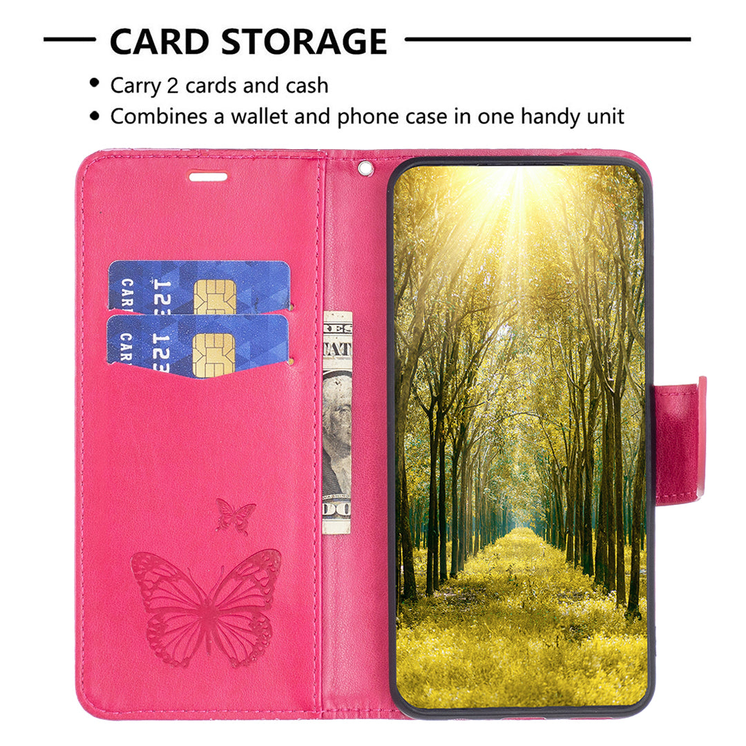 Uniqkart for iPhone 15 Pro Max Flip Case Butterfly Imprinted Leather Anti-Dust Stand Wallet Phone Cover with Strap - Rose