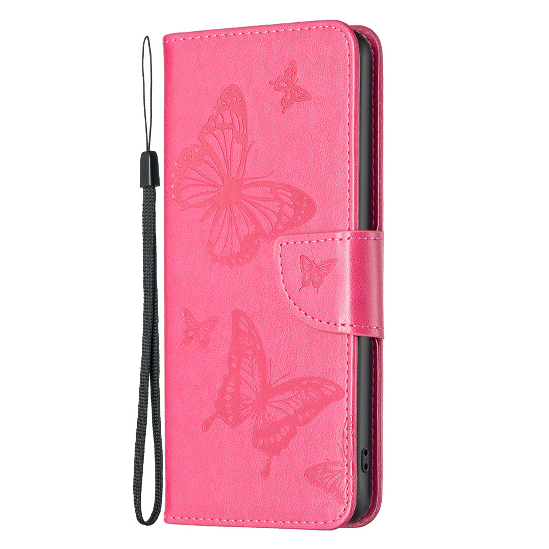 Uniqkart for iPhone 15 Pro Max Flip Case Butterfly Imprinted Leather Anti-Dust Stand Wallet Phone Cover with Strap - Rose
