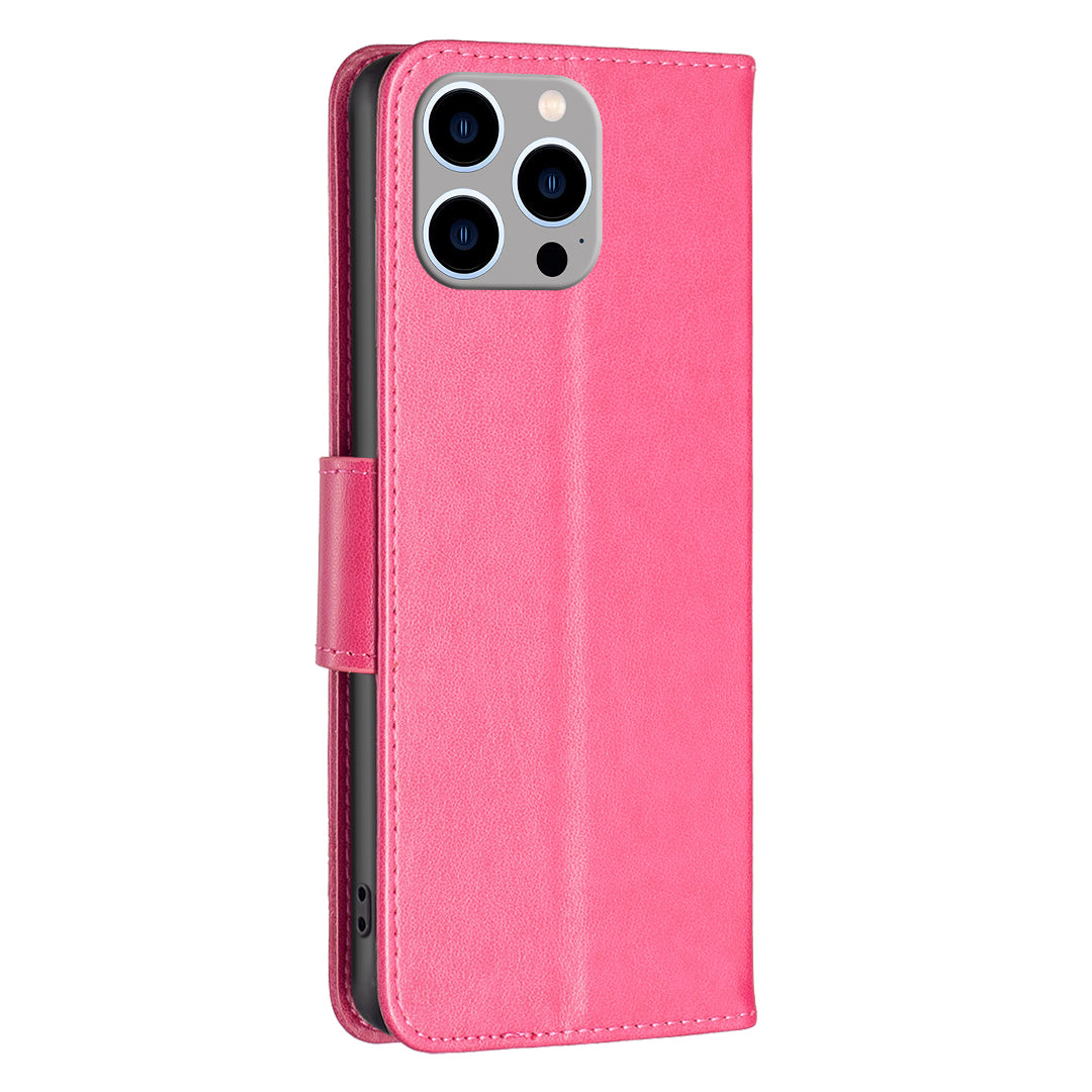 Uniqkart for iPhone 15 Pro Max Flip Case Butterfly Imprinted Leather Anti-Dust Stand Wallet Phone Cover with Strap - Rose