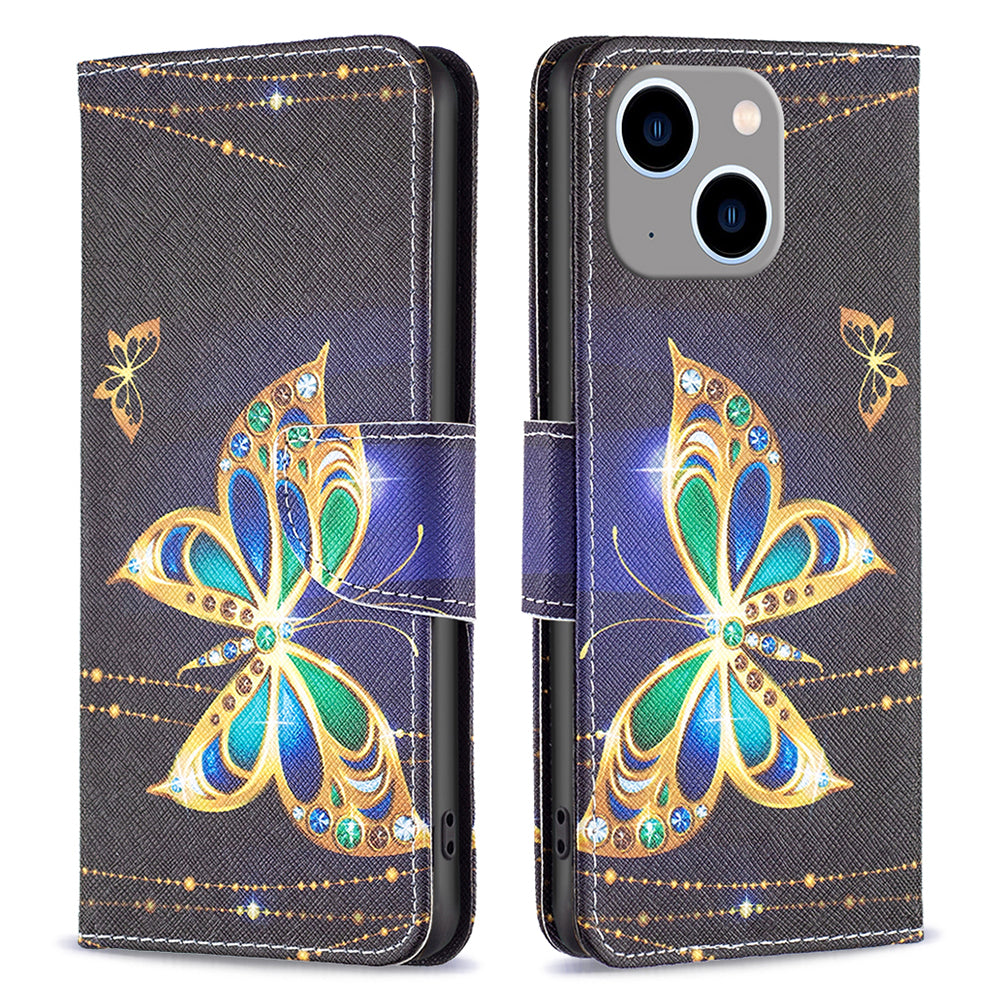 Uniqkart for iPhone 15 Plus Wallet PU Leather Phone Case Pattern Printing Stand Protective Phone Cover - Jewelry Butterfly