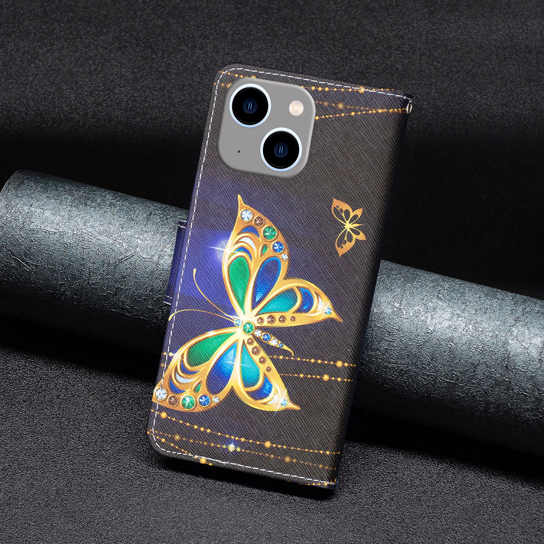 Uniqkart for iPhone 15 Plus Wallet PU Leather Phone Case Pattern Printing Stand Protective Phone Cover - Jewelry Butterfly