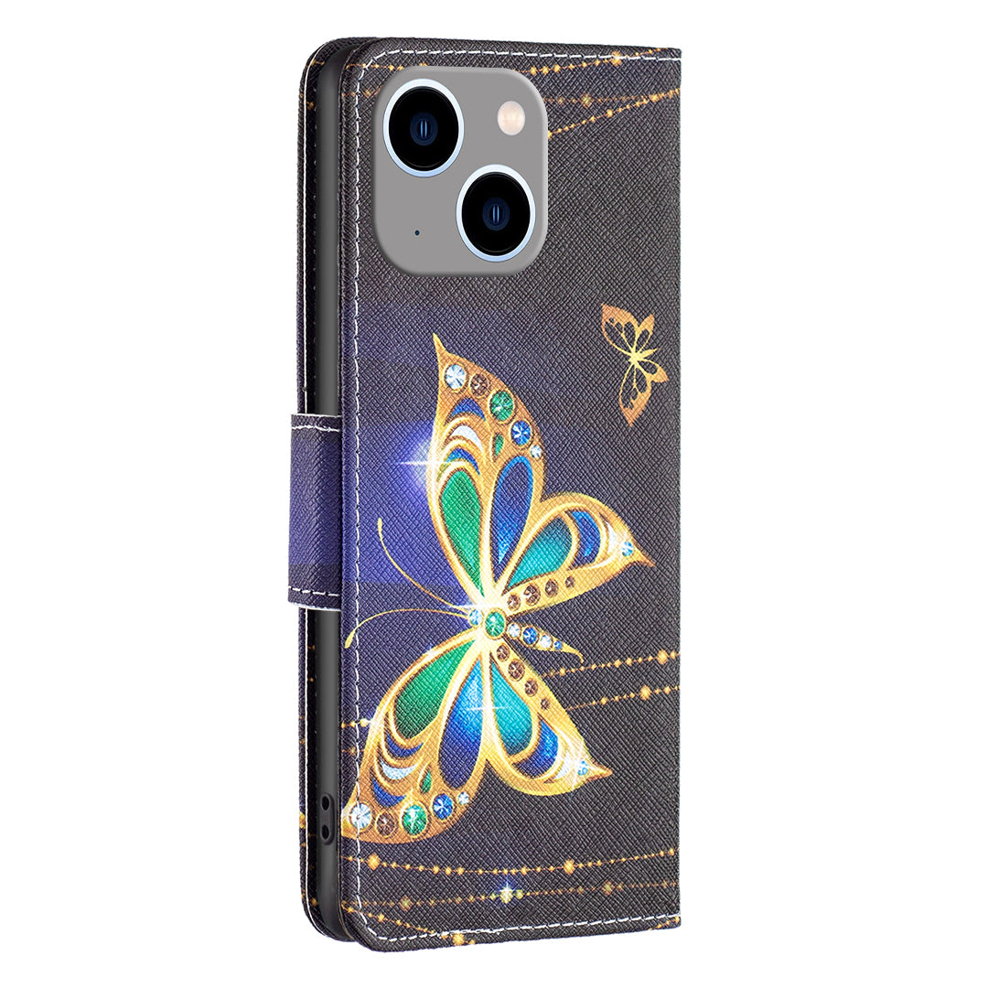 Uniqkart for iPhone 15 Plus Wallet PU Leather Phone Case Pattern Printing Stand Protective Phone Cover - Jewelry Butterfly