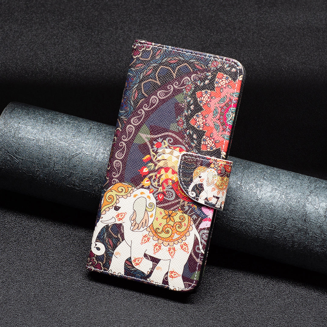 Uniqkart for iPhone 15 Plus Wallet PU Leather Phone Case Pattern Printing Stand Protective Phone Cover - Flower and Elephant