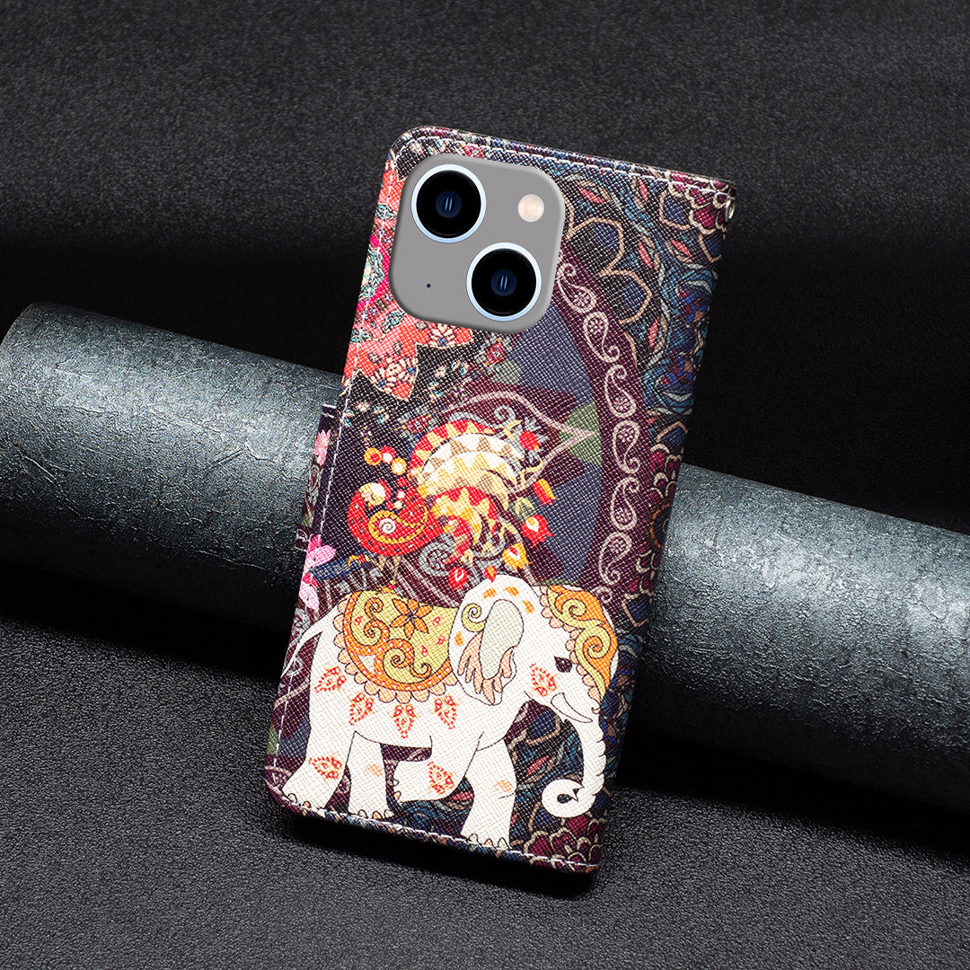 Uniqkart for iPhone 15 Plus Wallet PU Leather Phone Case Pattern Printing Stand Protective Phone Cover - Flower and Elephant