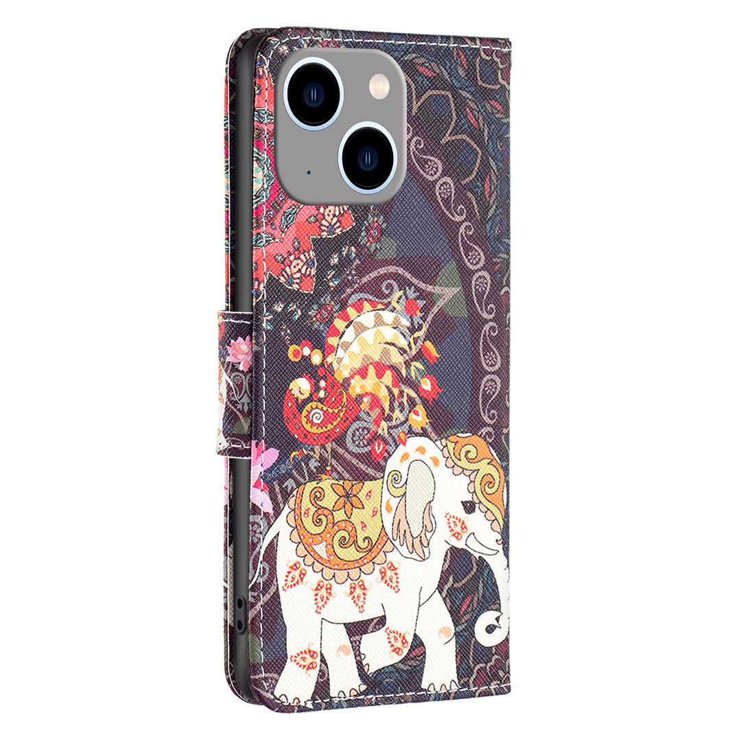 Uniqkart for iPhone 15 Plus Wallet PU Leather Phone Case Pattern Printing Stand Protective Phone Cover - Flower and Elephant