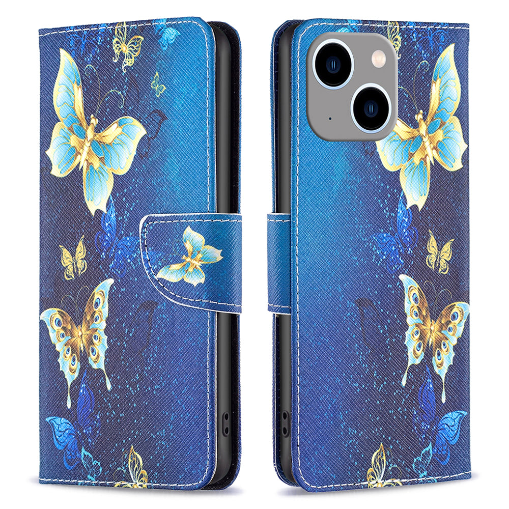 Uniqkart for iPhone 15 Plus Wallet PU Leather Phone Case Pattern Printing Stand Protective Phone Cover - Golden Butterflies