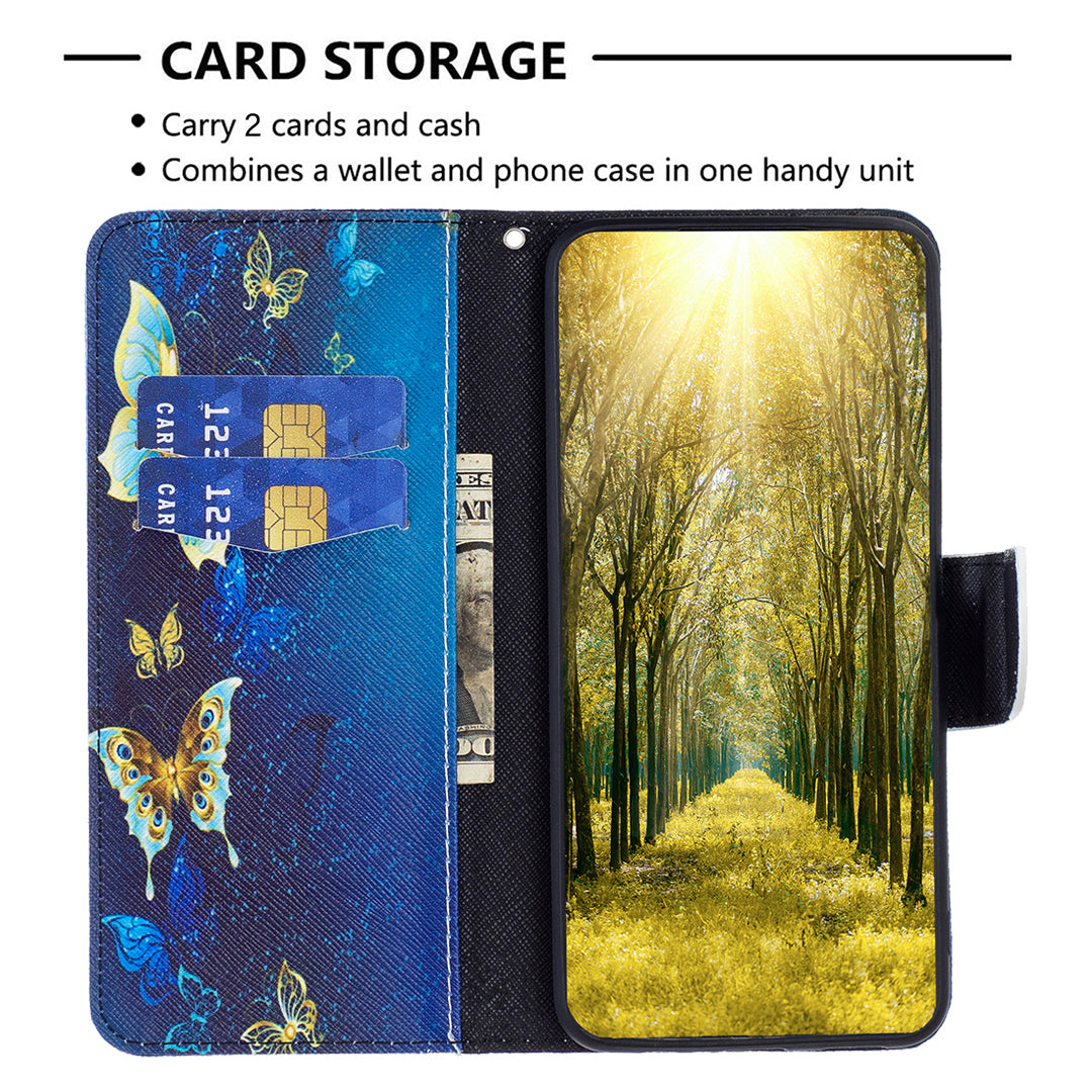 Uniqkart for iPhone 15 Plus Wallet PU Leather Phone Case Pattern Printing Stand Protective Phone Cover - Golden Butterflies