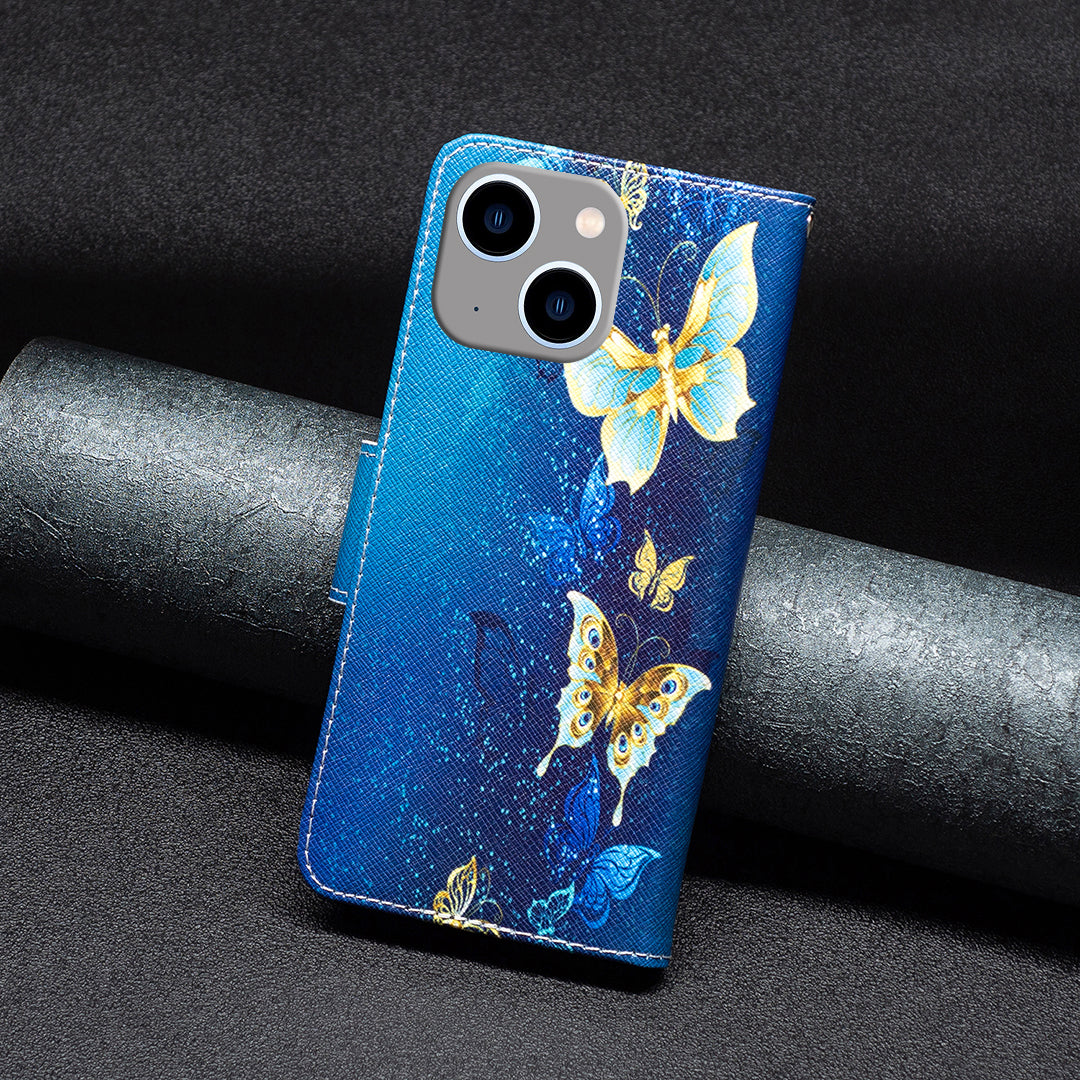 Uniqkart for iPhone 15 Plus Wallet PU Leather Phone Case Pattern Printing Stand Protective Phone Cover - Golden Butterflies