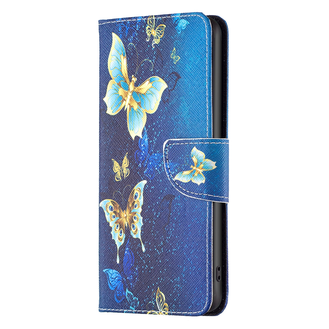 Uniqkart for iPhone 15 Plus Wallet PU Leather Phone Case Pattern Printing Stand Protective Phone Cover - Golden Butterflies