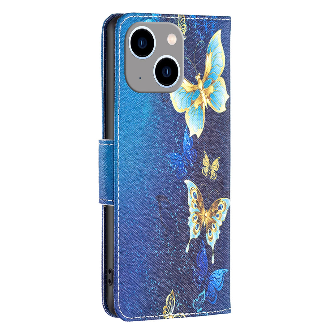 Uniqkart for iPhone 15 Plus Wallet PU Leather Phone Case Pattern Printing Stand Protective Phone Cover - Golden Butterflies