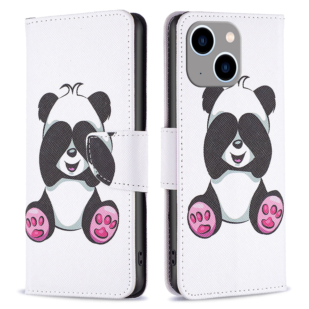 Uniqkart for iPhone 15 Plus Wallet PU Leather Phone Case Pattern Printing Stand Protective Phone Cover - Panda