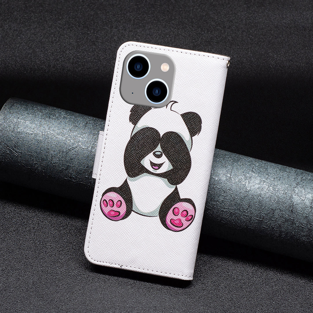 Uniqkart for iPhone 15 Plus Wallet PU Leather Phone Case Pattern Printing Stand Protective Phone Cover - Panda