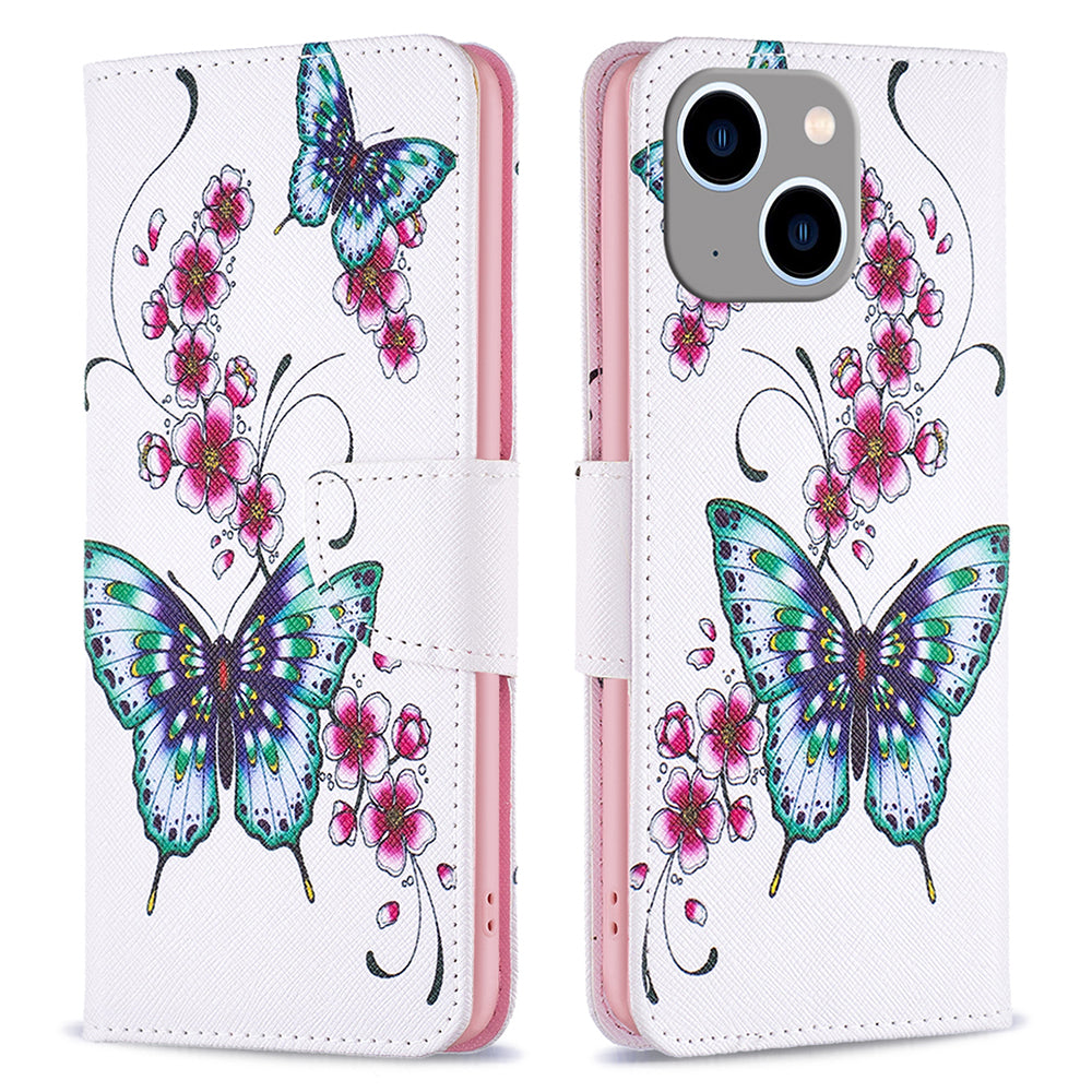 Uniqkart for iPhone 15 Plus Wallet PU Leather Phone Case Pattern Printing Stand Protective Phone Cover - Peach Blossom and Butterflies