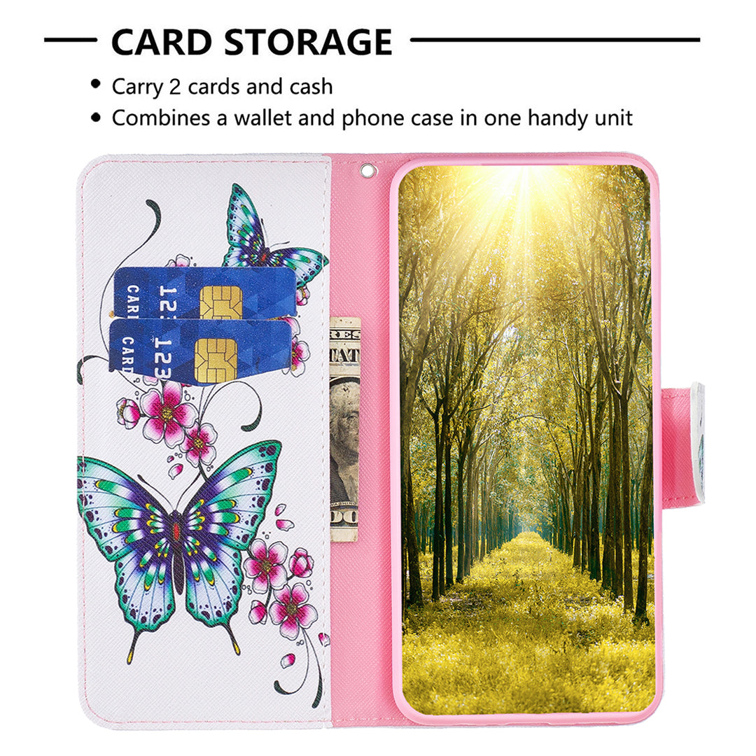 Uniqkart for iPhone 15 Plus Wallet PU Leather Phone Case Pattern Printing Stand Protective Phone Cover - Peach Blossom and Butterflies
