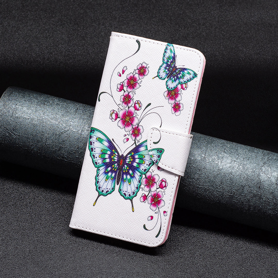 Uniqkart for iPhone 15 Plus Wallet PU Leather Phone Case Pattern Printing Stand Protective Phone Cover - Peach Blossom and Butterflies