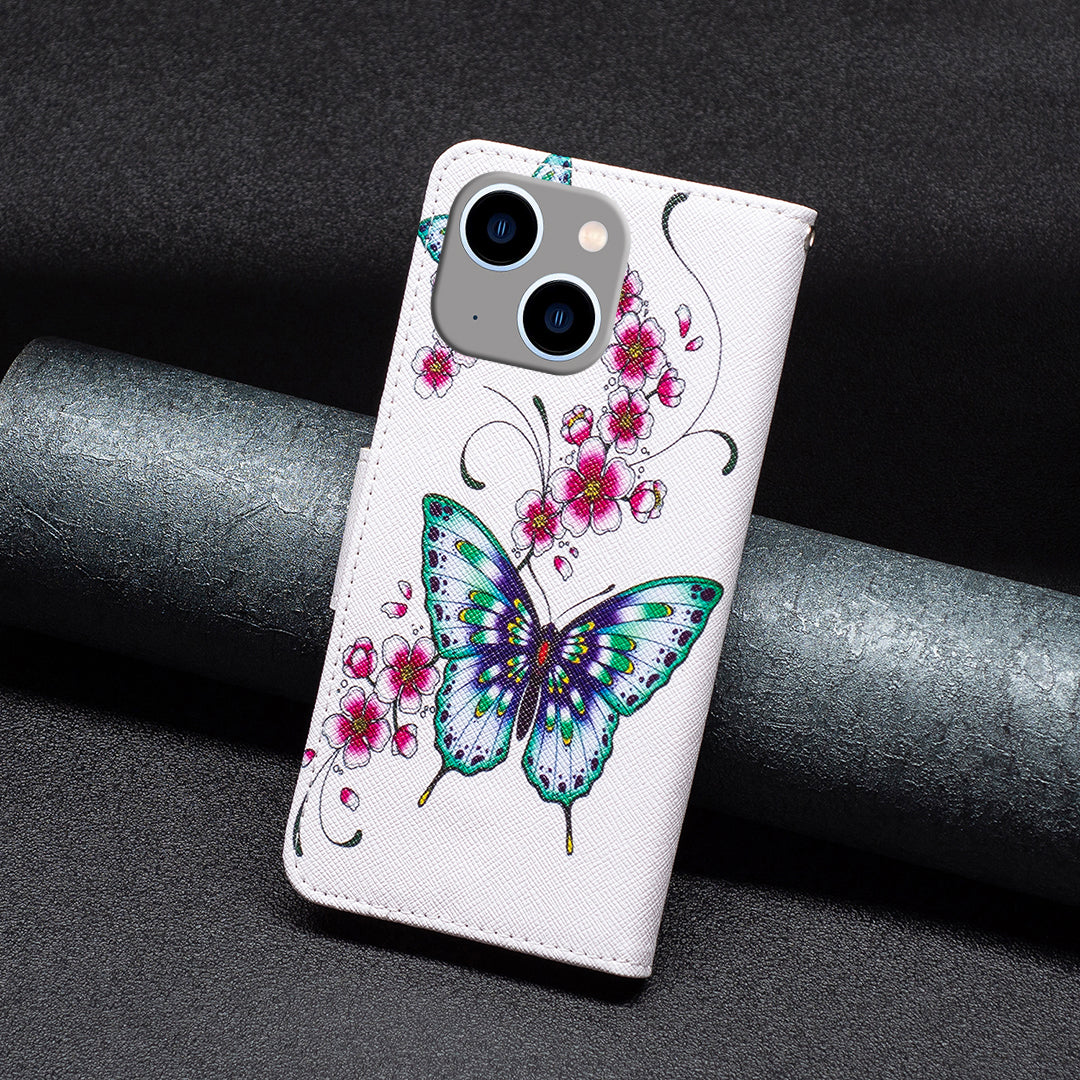 Uniqkart for iPhone 15 Plus Wallet PU Leather Phone Case Pattern Printing Stand Protective Phone Cover - Peach Blossom and Butterflies
