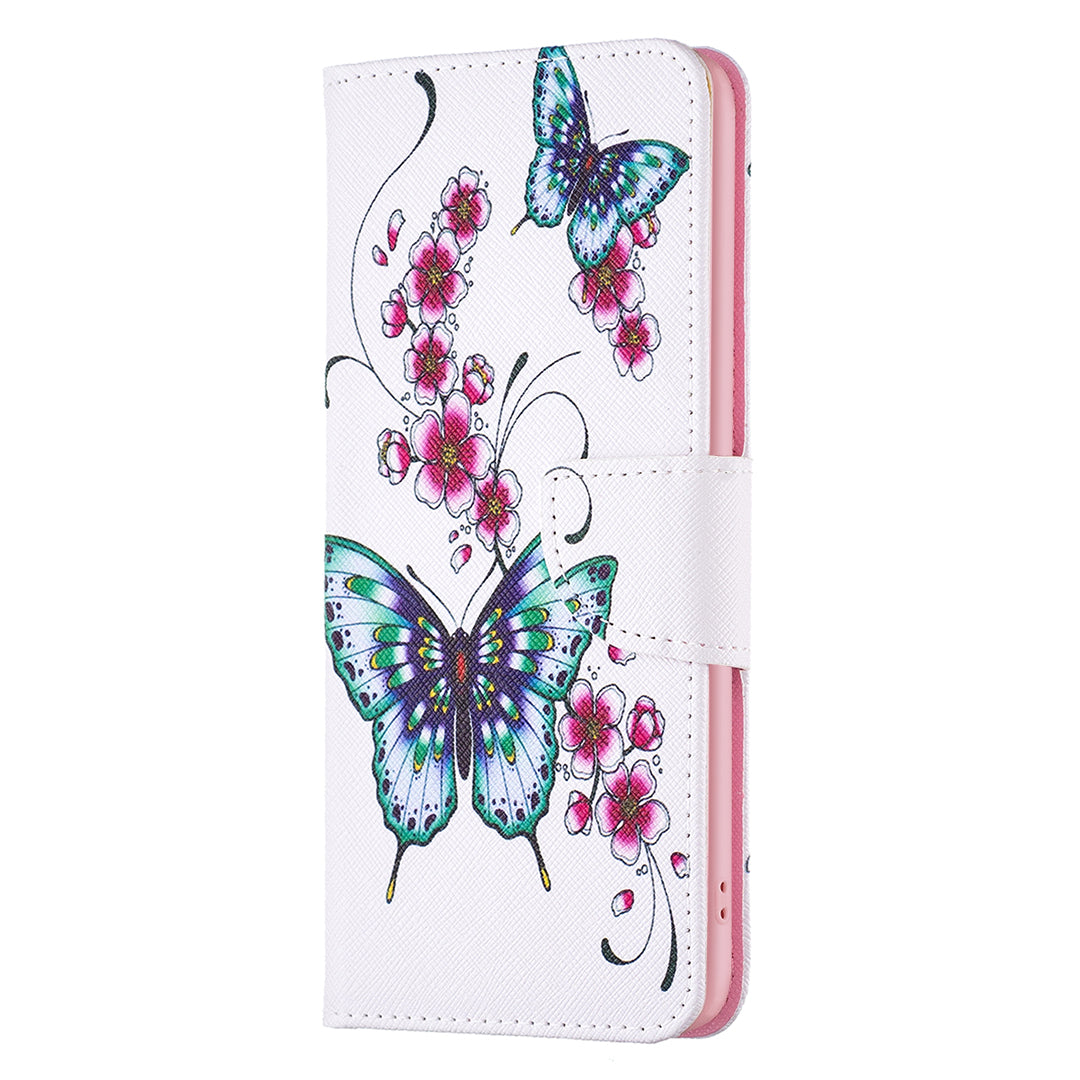 Uniqkart for iPhone 15 Plus Wallet PU Leather Phone Case Pattern Printing Stand Protective Phone Cover - Peach Blossom and Butterflies