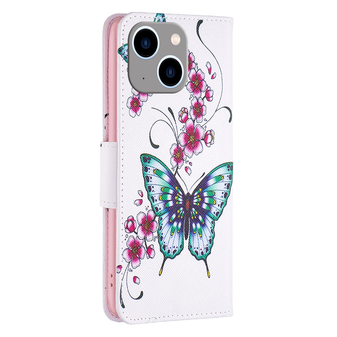 Uniqkart for iPhone 15 Plus Wallet PU Leather Phone Case Pattern Printing Stand Protective Phone Cover - Peach Blossom and Butterflies