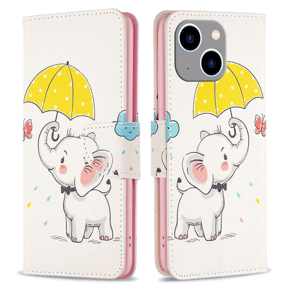 Uniqkart for iPhone 15 Plus Wallet PU Leather Phone Case Pattern Printing Stand Protective Phone Cover - Umbrella and Elephant