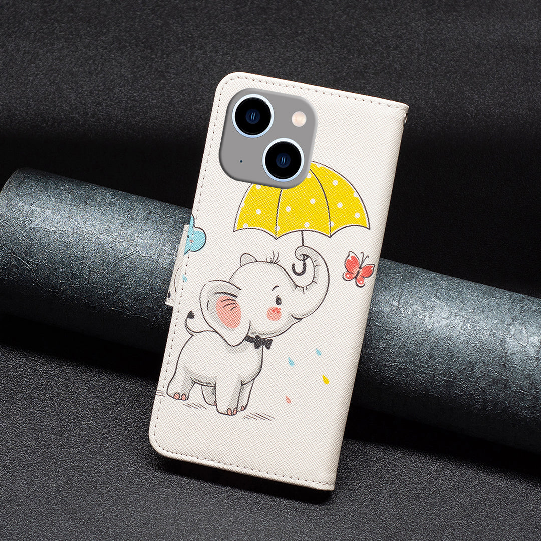 Uniqkart for iPhone 15 Plus Wallet PU Leather Phone Case Pattern Printing Stand Protective Phone Cover - Umbrella and Elephant