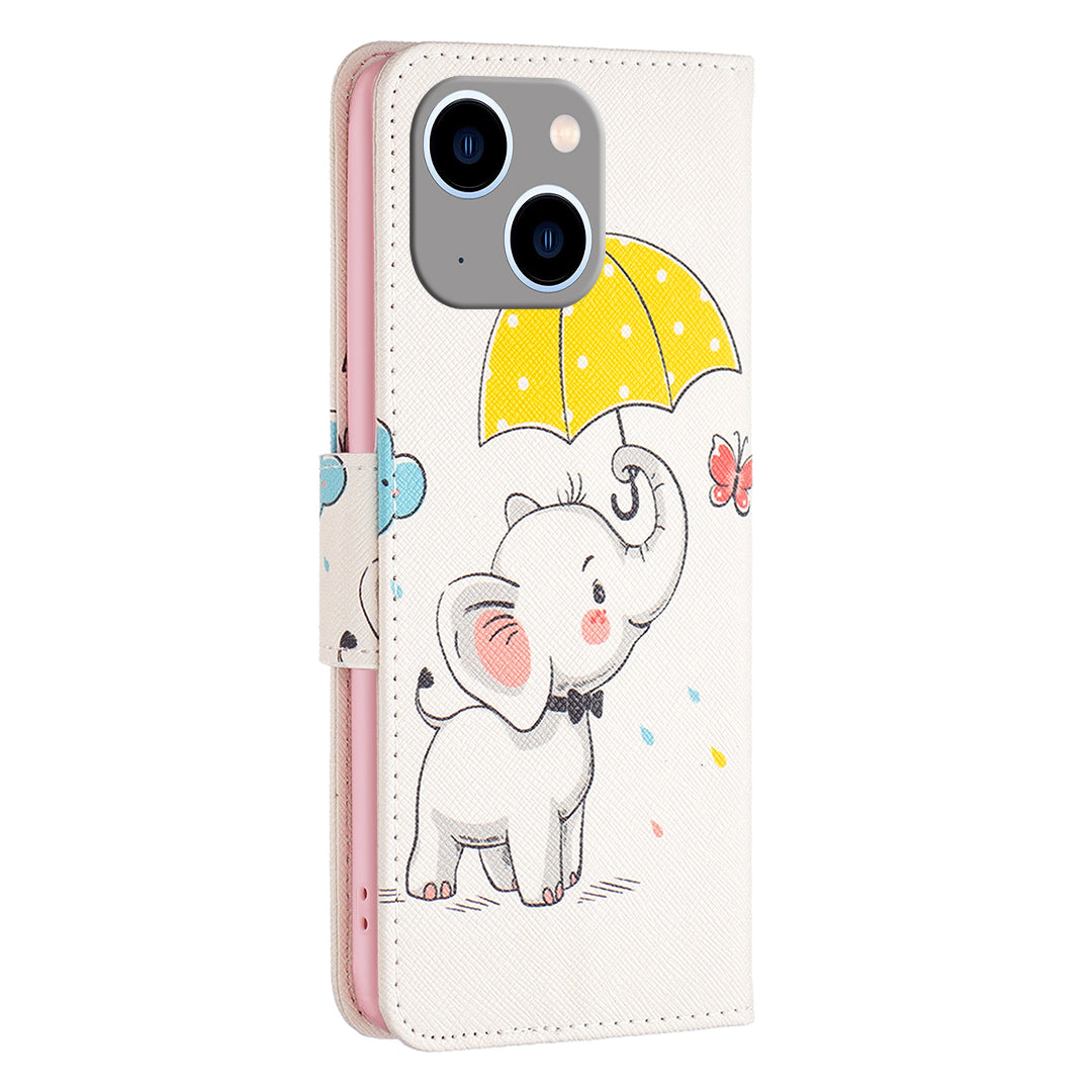 Uniqkart for iPhone 15 Plus Wallet PU Leather Phone Case Pattern Printing Stand Protective Phone Cover - Umbrella and Elephant