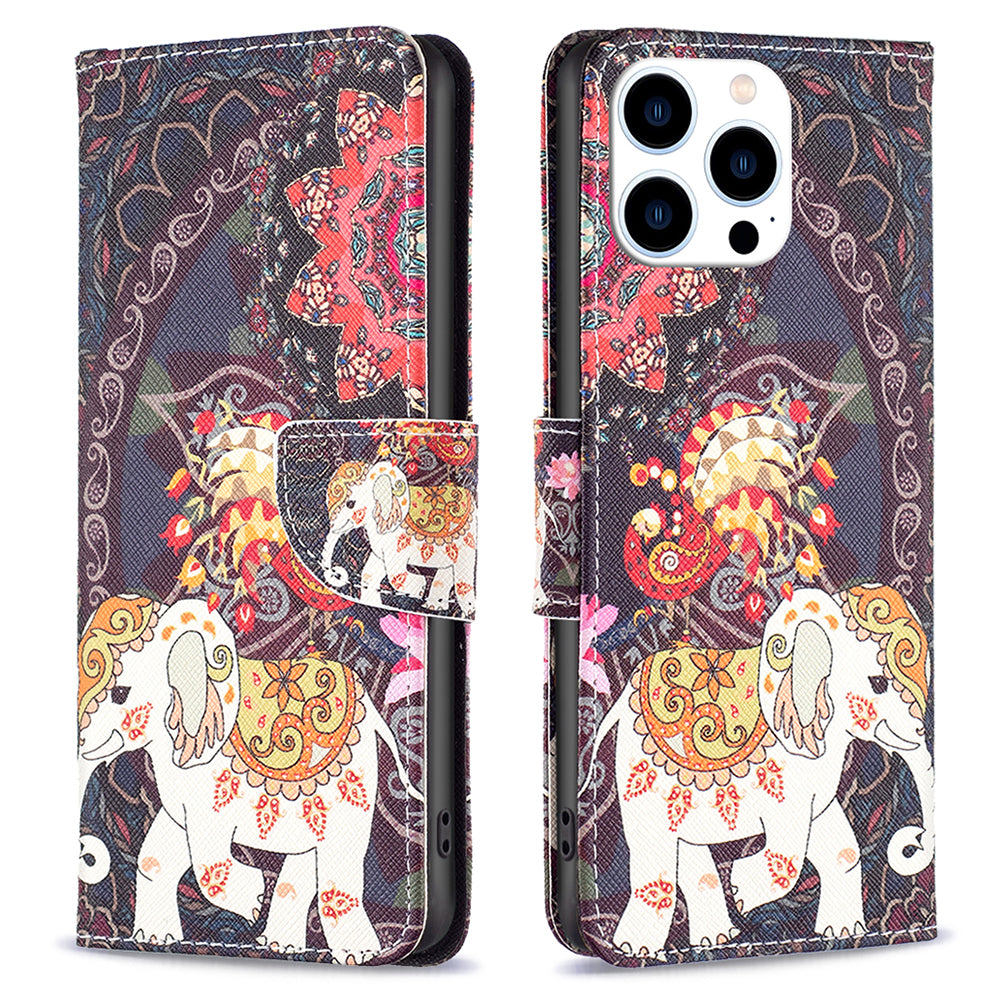 PU Leather Stand Wallet Case for iPhone 15 Pro , Pattern Printing Full Protection Phone Cover - Flower and Elephant